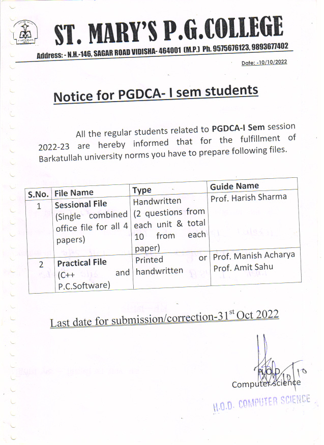 Notice for PGDCA I  Sem